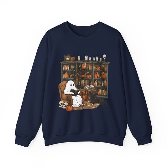 Cozy Reading Ghost Near Fire w/Cat Sweatshirt