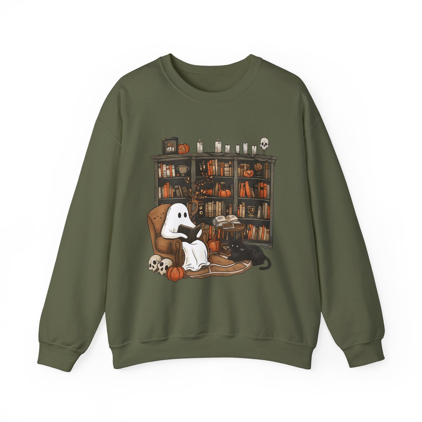 Cozy Reading Ghost Near Fire w/Cat Sweatshirt