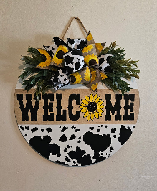 Welcome Cow Print & Sunflower Door Hanger