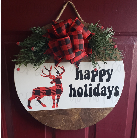 Happy Holidays Plaid Deer Door Sign